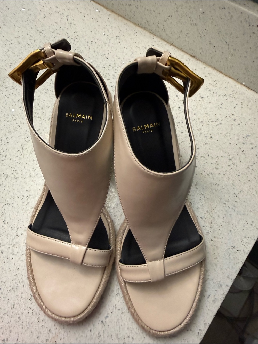 Balmain Beige Leather Espadrille Wedge Sandals with Gold Buckle